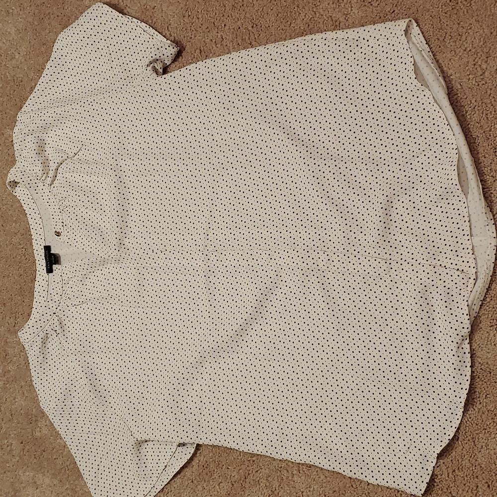 Ann Taylor Short Sleeve Women's Blouse With Navy Polka Dots - Size Large